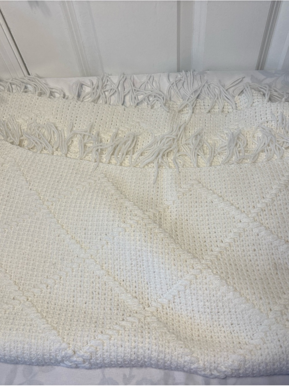 White Crochet Baby Blanket with Fringe 30” x 44” New